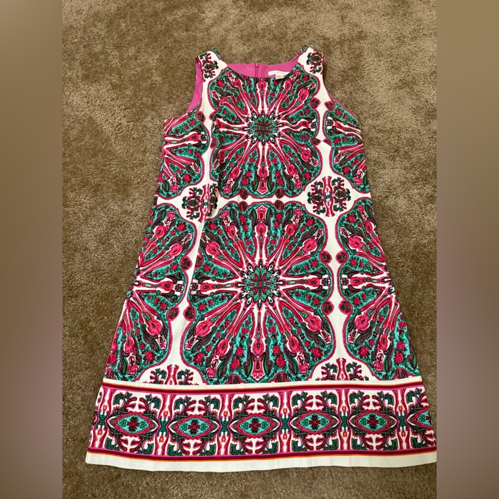 Maggie London Times Pink and Green Floral Fabric dress 60s pattern sz 12